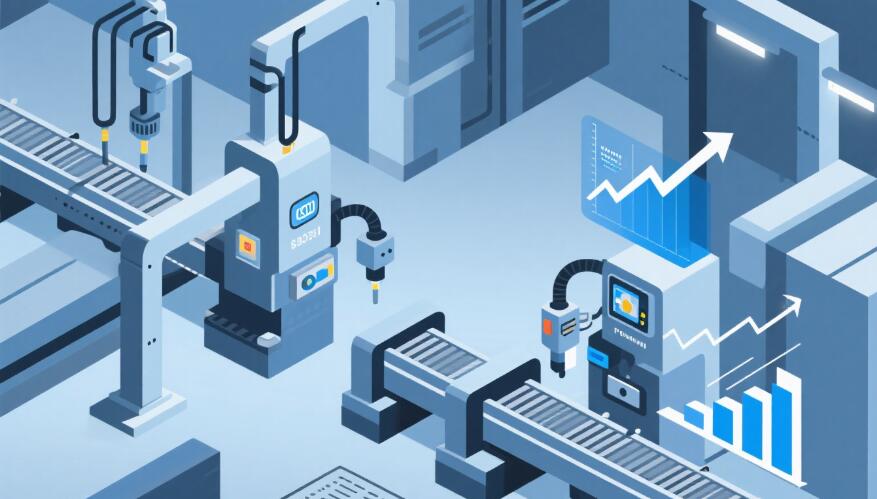 Benefits of automation in manufacturing illustrated with charts and machines